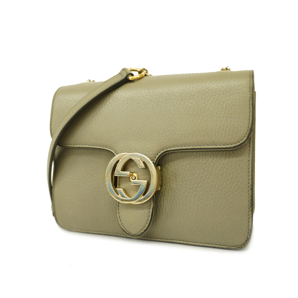 Gucci Shoulder Bag Interlocking G Leather Gray Gold Hardware